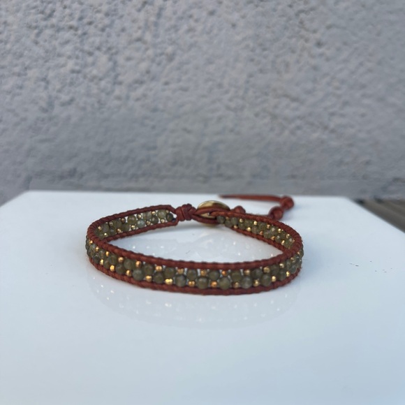 Brown Leather Wrap Bracelet with Beaded Detail - Picture 3 of 10